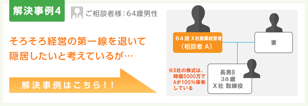 解決事例4:そろそろ経営の第一線を退いて隠居したいと考えているが…  解決事例はこちら！！